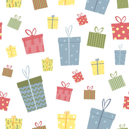 Seamless patterh with colorful gifts for the holiday and new year. Suitable for wrapping paper, gift bags and festive decor.のイラスト素材