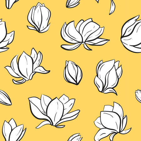 seamless pattern with graphic image of white magnolia flowers on mustard yellow backgroundのイラスト素材