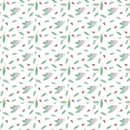 Seamless pattern consisting of tea cups and tea leaves