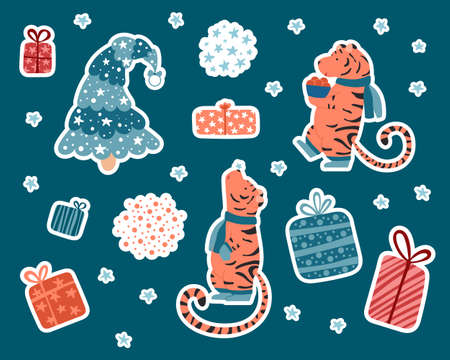 Cute patches pack for the New Year of the tiger. Funny isolated stickers, kids illustration.のイラスト素材