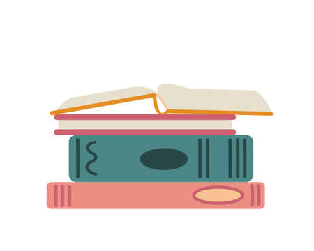 Stacks of books for reading and education with an open book on top. Vector flat illustration, isolated, cartoon.のイラスト素材