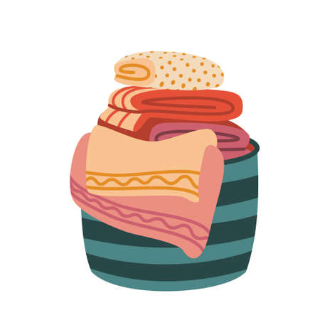 Green cozy basket with colorful blankets, vector flat illustration, isolated, cartoon.のイラスト素材