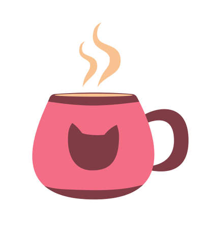 Pink cute mug with hot coffee or tea, vector flat illustration, isolated, cartoon.のイラスト素材