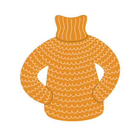 Cozy warm yellow knitted sweater. Warm clothing isolated on white background. Flat vector cartoon illustration, clipart.のイラスト素材