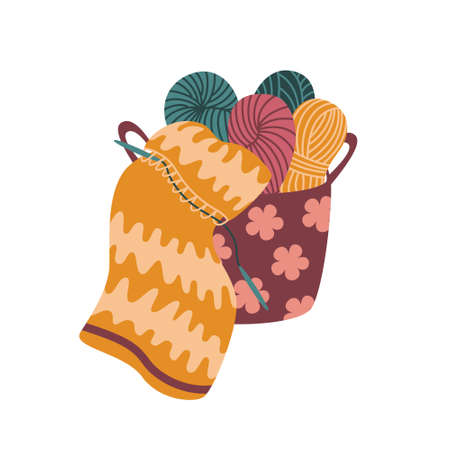 Colorful skeins of wool yarn and knitwork with needles in a knitting basket. Vector flat illustration, isolated, cartoon, clipart.のイラスト素材