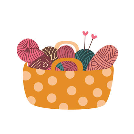 Colorful skeins of wool yarn and knitting needles in a knitting basket. Vector flat illustration, isolated, cartoon, clipart.のイラスト素材