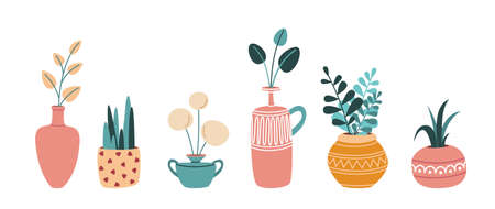 set of home plants in vases or flower pots. Hygge style, urban jungle decor, vector flat illustration, isolated, cartoon.のイラスト素材