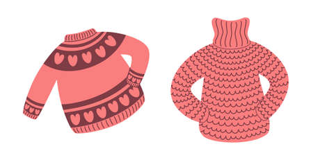 Set of cozy pink knitted sweaters. Warm clothes isolated on white background. Flat vector cartoon illustration, clipart.のイラスト素材