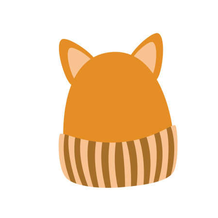 Cozy warm yellow hat with cat ears. Fun warm clothing isolated on white background. Flat vector...