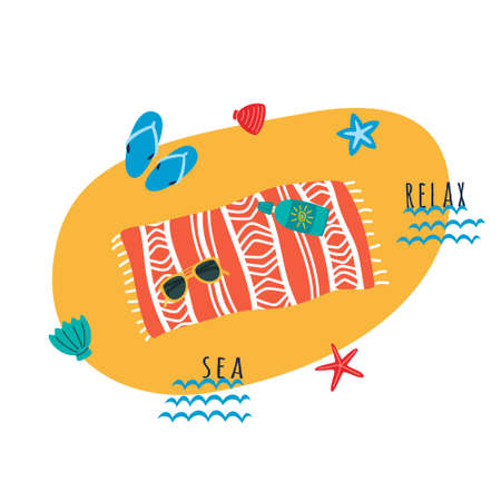 Beach summer holiday composition with beach cover, flip flops, sunglasses and sun lotion. Flat vector cartoon illustration, clipart.のイラスト素材