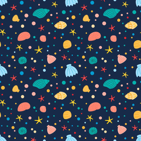 Cute seamless pattern of seashell and starfish. vector illustration. Use for wallpaper, print packaging paper, fabrics.のイラスト素材