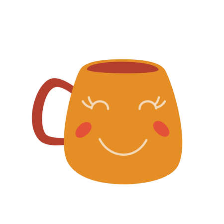 Tea coffee vintage cup with cute smiling face isolated on white background. Coffee with love, flat vector cartoon illustration,clipart.のイラスト素材