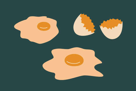 Scrambled fried eggs with egg shell, cooking breakfast. isolated on white background. Flat vector...
