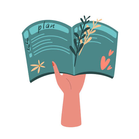 Notebook, organizer for to do lists, personal plans, goals in a women's hand. To do list with marked tasks, isolated on white, vector Icon. Flat cartoon illustration, clip art.のイラスト素材
