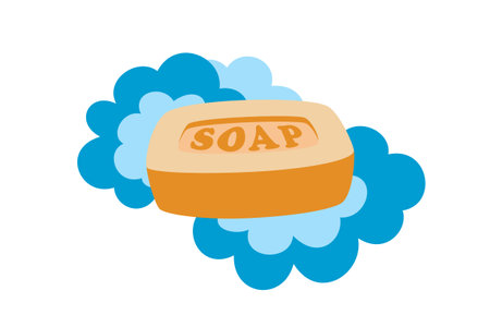 Soap yellow bar with blue bubbles, isolated on white, vector icon. Flat cartoon illustration, clip art.のイラスト素材