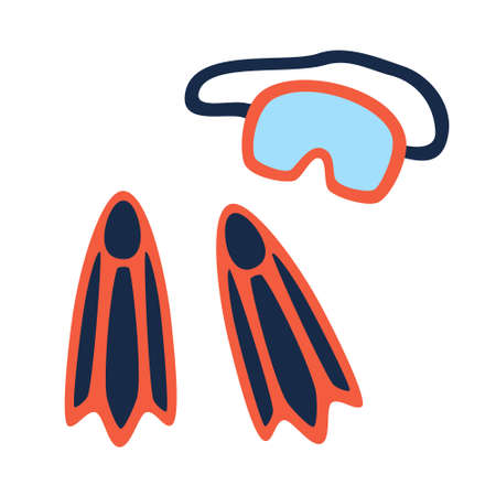Ð¡ute Orange and Blue Diving Flippers and Diving Mask with Snorkel, Isolated on White, Vector Icon. Flat Cartoon Illustration, Clipart.のイラスト素材