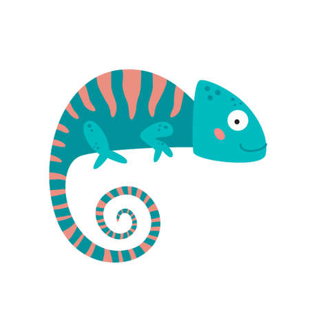 Cute Green and Pink Chameleon. Lizard African Animal, Isolated on White, Vector Icon. Flat Cartoon Illustration, Clipart.のイラスト素材