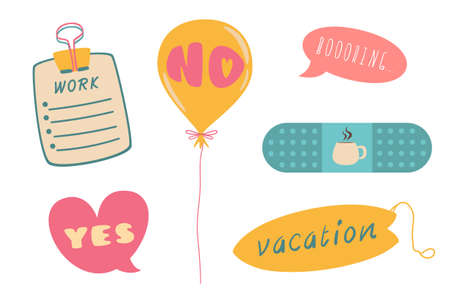 Set of Daily Planner Stickers, Patches Collection for To Do List. Weekly Badges with Quotes and Lettering. Isolated Vector for Online Communication, Web Design, Chat. Cute Cartoon Doodle Style.のイラスト素材