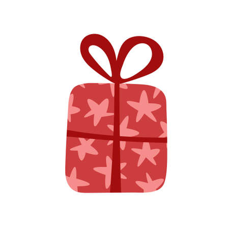 Colorful Gift Box For Christmas Present with Stars and Red Ribbon, Isolated on White, Vector Icon. Flat Cartoon Illustration, Clipart.のイラスト素材