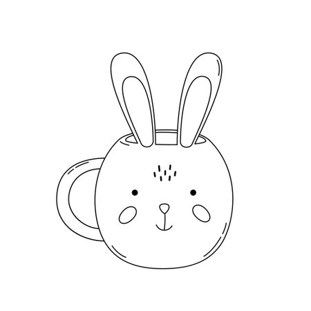 Tea coffee vintage cup with cute bunny face i doodle style. Coffee with love, flat vector cartoon illustration,clipart.のイラスト素材
