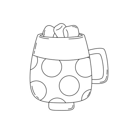 Cute mug with cocoa and marshmallows in doodle style, vector flat illustration, isolated, cartoon.のイラスト素材
