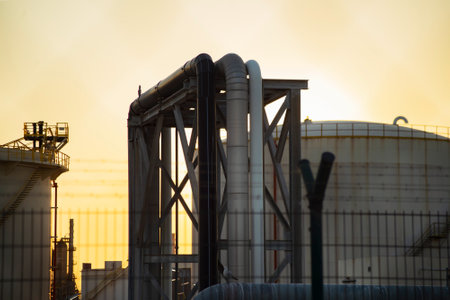oil storage structures and tanks, fittings and pipelines and at a petrochemical plant in focus and out of focus,close up, in selective focus in the backlight of the sun at sunseの写真素材