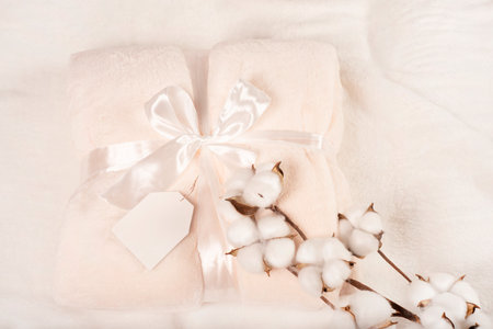 soft surface of a fluffy beige plaid with a mockup sign for an inscription, with a gift ribbon and a branch of cotton. Delicate fluffy plaid in pastel colors, tied with a satin ribbon. gift shopの写真素材