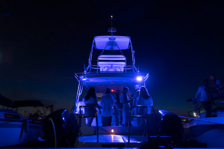 a group of girlfriends celebrate a birthday at night on the platform of a catamaran yacht illuminated by blue neon disco club lights in a port on the water.の写真素材