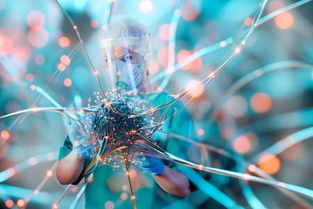 Doctor laboratory scientist in a surgical suit looks seriously, studying the virtual structure of the new virus. The concept of scientific developments in future medicine, the creation of a vaccine against new viruses and diseases using AI.の写真素材