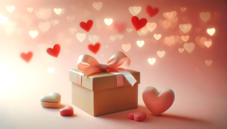 Holiday background valentine with gift box, bow, with hearts, bokeh in pastel peach fuzz, red tones.の素材