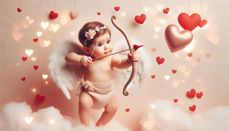 Child in Cupid costume with bow, arrow aimed at hearts on pastel background with bokeh, clouds.の素材