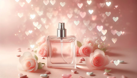 A bottle of perfume with a red festive ribbon with a heart on a red background with hearts. Gift card for Valentine's day. Cosmetics as a gift for mother's day, birthday.の素材
