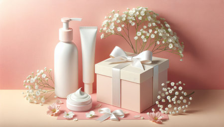 Presentation of a gift set of a cosmetic product bottle, tube, gift box with a bow on a bastel pink beige background with alstroemeria flowers. Mock upの素材