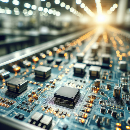 Microelectronics, connections, parts, microchips on a table at a factory in bright lighting, close-up, blurred background.の素材