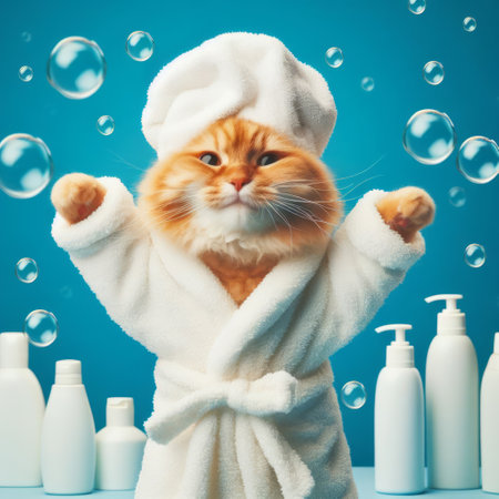 A ginger cat in a homemade white fluffy robe with a towel on his head in the style of after a shower smiles contently, jumping on a BLUE background among white bottles of shampooの素材
