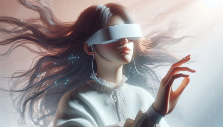 Dreams come true on a Virtual Journey through the Stars in the Metaverse. A girl wearing virtual reality glasses stands in the middle of the galaxy, bridging the gap between reality and the vastの素材