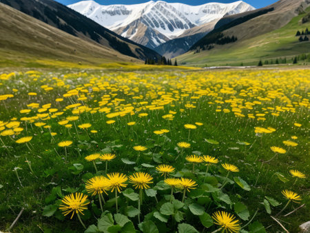 Beautiful spring background photo wallpaper landscape of blooming yellow tulips against the backdrop of snow-capped mountains on a sunny dayの素材