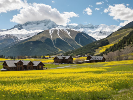 Beautiful spring background photo wallpaper landscape of blooming yellow tulips against the backdrop of snow-capped mountains on a sunny dayの素材