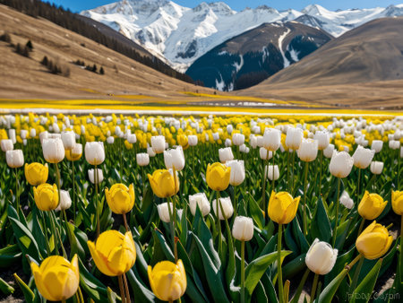 Beautiful spring background photo wallpaper landscape of blooming yellow tulips against the backdrop of snow-capped mountains on a sunny dayの素材