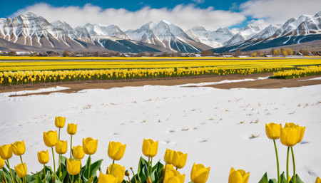 Beautiful spring background photo wallpaper landscape of blooming yellow tulips against the backdrop of snow-capped mountains on a sunny dayの素材