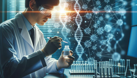Scientist in lab coat testing medicine, studying DNA structure and molecule structure of new disease X under bright medical light in modern laboratory using advanced computer technologiesの素材