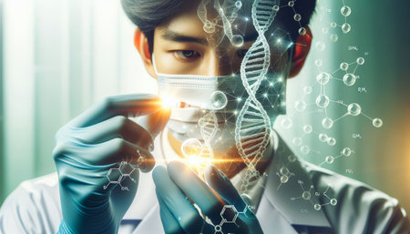 Chines Scientist in lab coat testing medicine, DNA structure molecule structure of new disease X under medical light in modern laboratory using advanced computer technologiesの素材