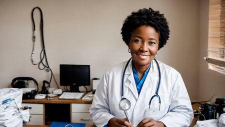 Portrait of a middle-aged African woman dressed as a family doctor with a phonendoscope around her neck in a medical office.African doctorの素材
