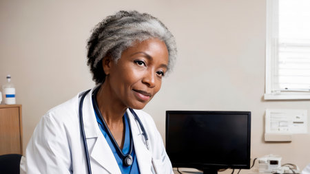 Portrait of a middle-aged African woman dressed as a family doctor with a phonendoscope around her neck in a medical office.African doctorの素材