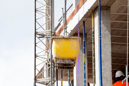 Concrete mixture in a metal container moves in the air on lift chains against the background of a building under construction, a crane structure, a brick wall, scaffolding. Construction technologiesの写真素材