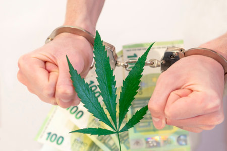 Hands in fists, handcuffed, forcefully stretching the handcuffs, trying to break them against the background of money and the narcotic marijuana plant. Legalization of hashish cultivationの写真素材