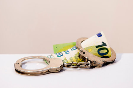 Money bills are rolled up inside handcuffs. The concept of legality of wealth, business profitability, corruption, breaking the law to achieve profit, mafia actions, non-payment of taxesの写真素材