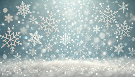 Winter Christmas background with falling snowflakes, snow drifts and bokeh lights on pastel blue background.の写真素材