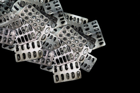 Collection of empty blister packs from pills. Disposal of expired medicineの写真素材