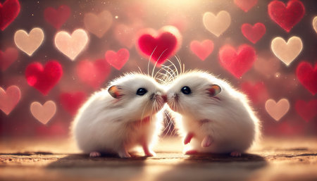 Two cute hamsters kissing against hearts background , lovers, valentine, kissの写真素材